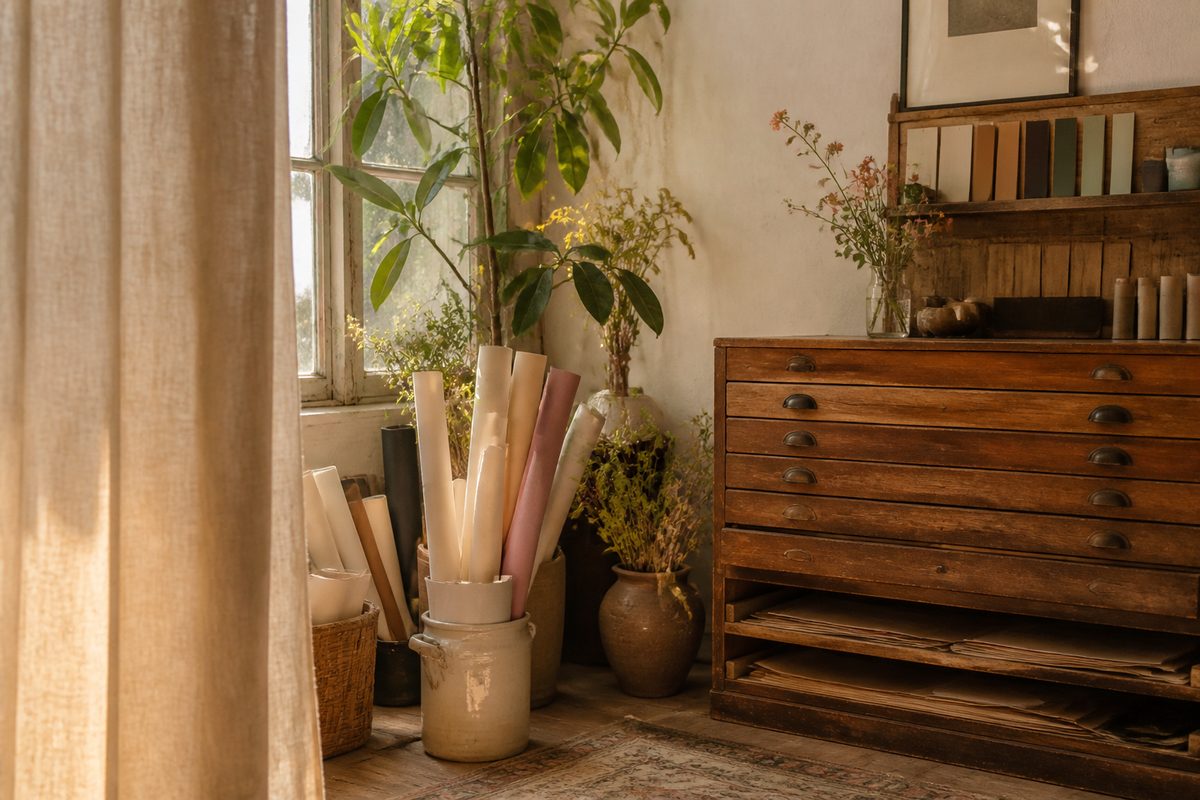 Sunlit studio with paper rolls and wooden drawers
