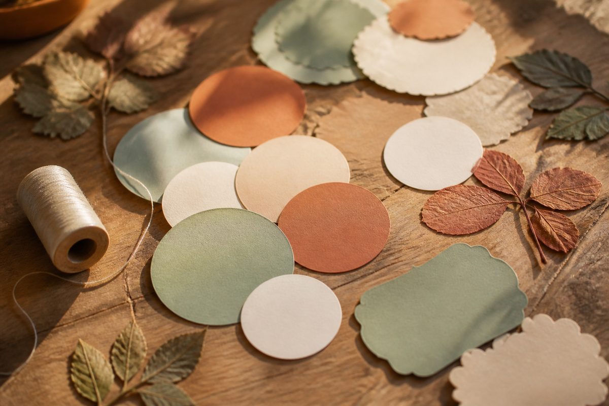 Paper stickers and thread on wood